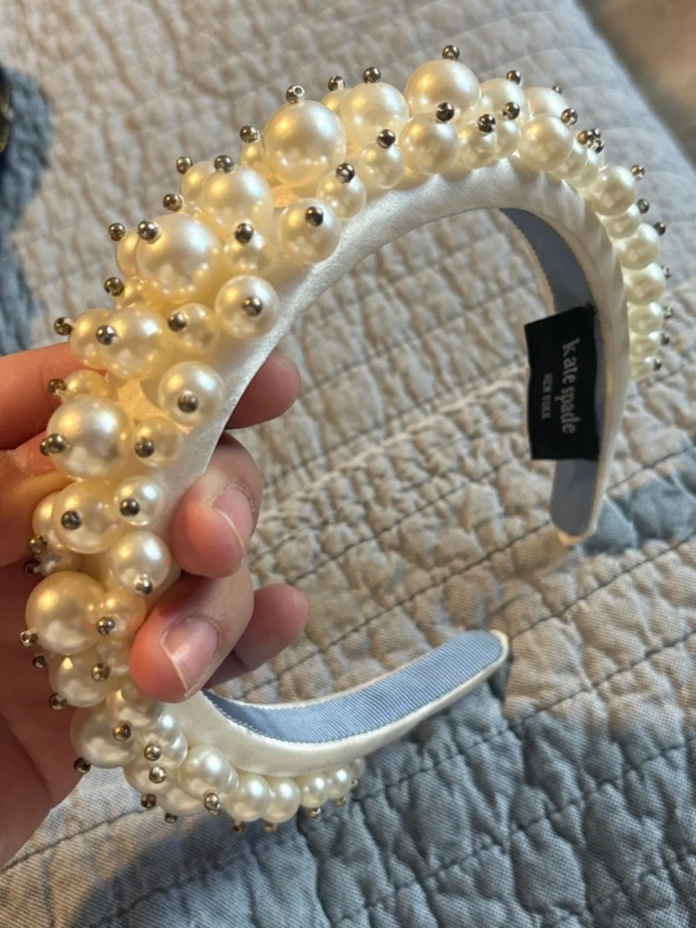 kate spade Pearl Cluster White Satin Headband with Gold Bead Accents